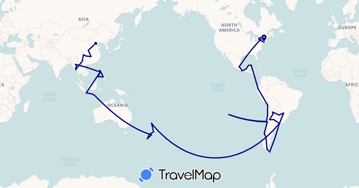 TravelMap itinerary: driving in Argentina, Canada, Chile, China, Ecuador, Indonesia, Myanmar (Burma), Mexico, New Zealand, Philippines, United States (Asia, North America, Oceania, South America)